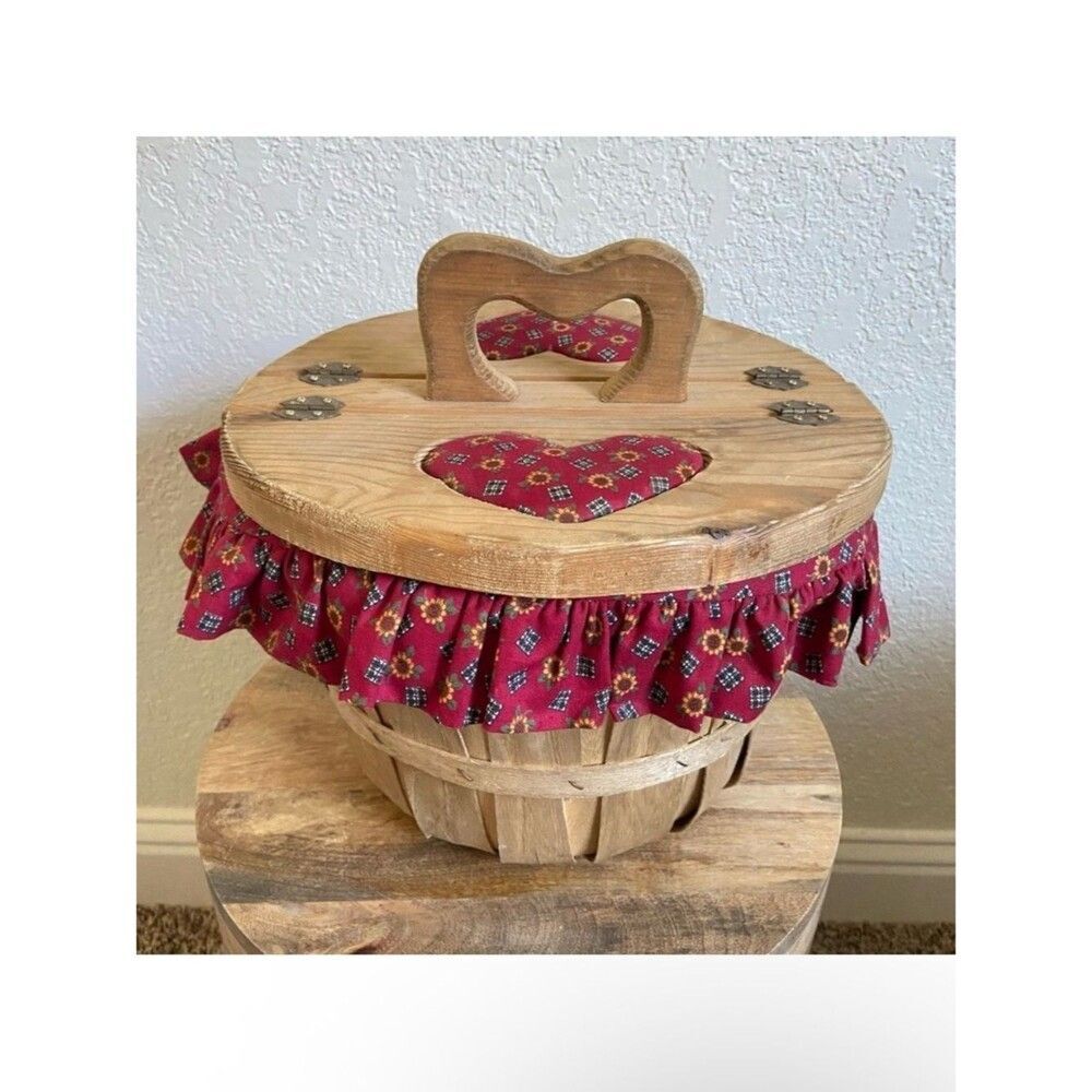 Vintage Wooden Lined Bushel Sewing Basket